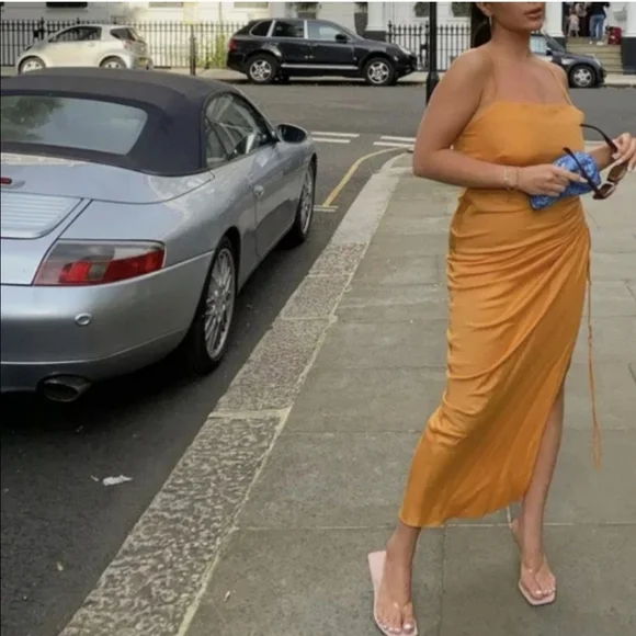 ZARA LONG SLIT DRESS ORANGE RUCHED SIZE XS - Picture 6 of 14